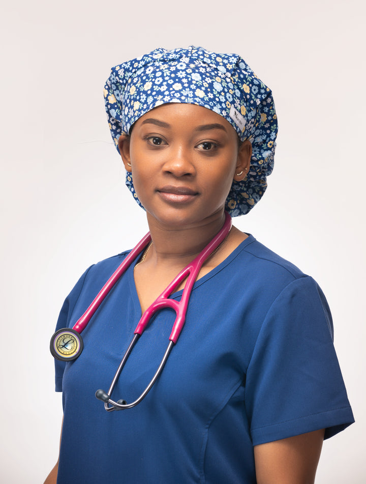 Flower Print Bouffant Scrub Cap with Satin Lined