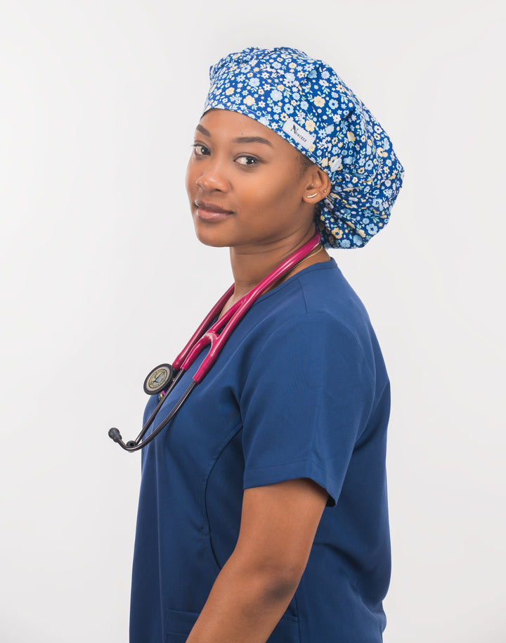 Flower Print Bouffant Scrub Cap with Satin Lined