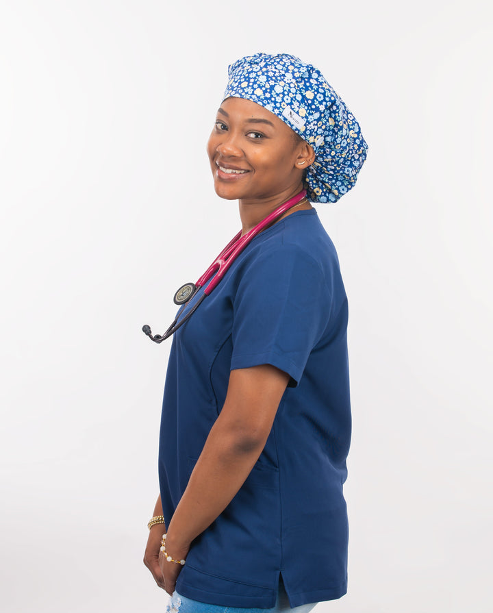 Flower Print Bouffant Scrub Cap with Satin Lined
