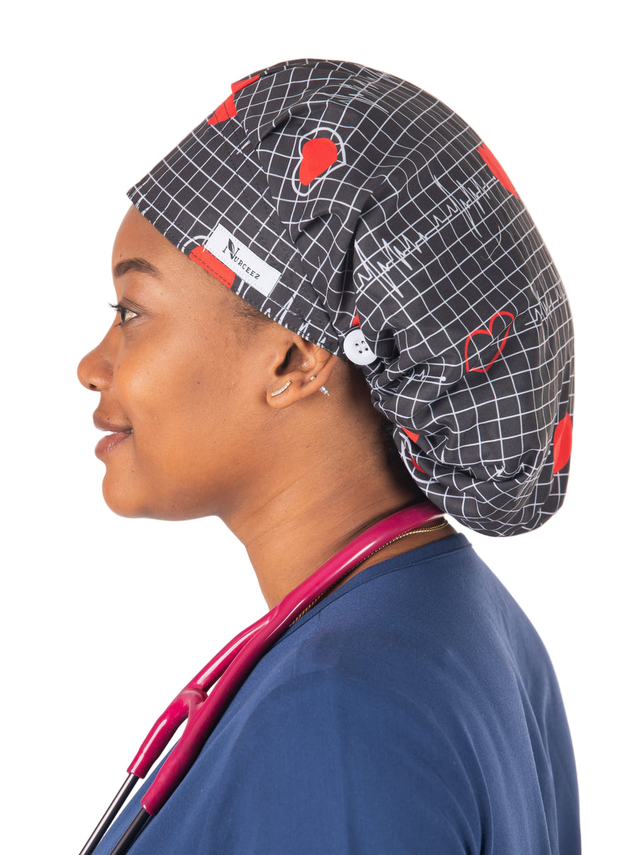 Black EKG Bouffant Scrub Cap with Satin Lined – Nurceez black-ekg-bouffant-scrub-cap-with-satin-lined-nurceez