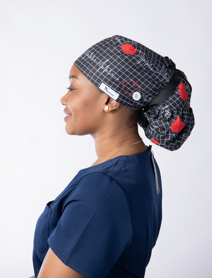 Black EKG Ponytail Button Design Scrub Cap with Satin Lined
