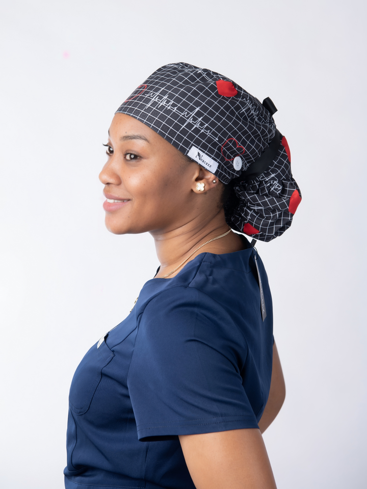Black EKG Ponytail Button Design Scrub Cap with Satin Lined